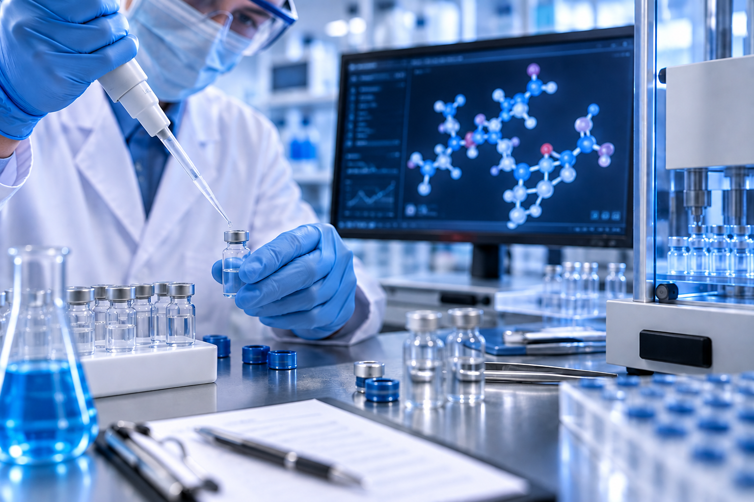 Scientist pipetting vials in a laboratory